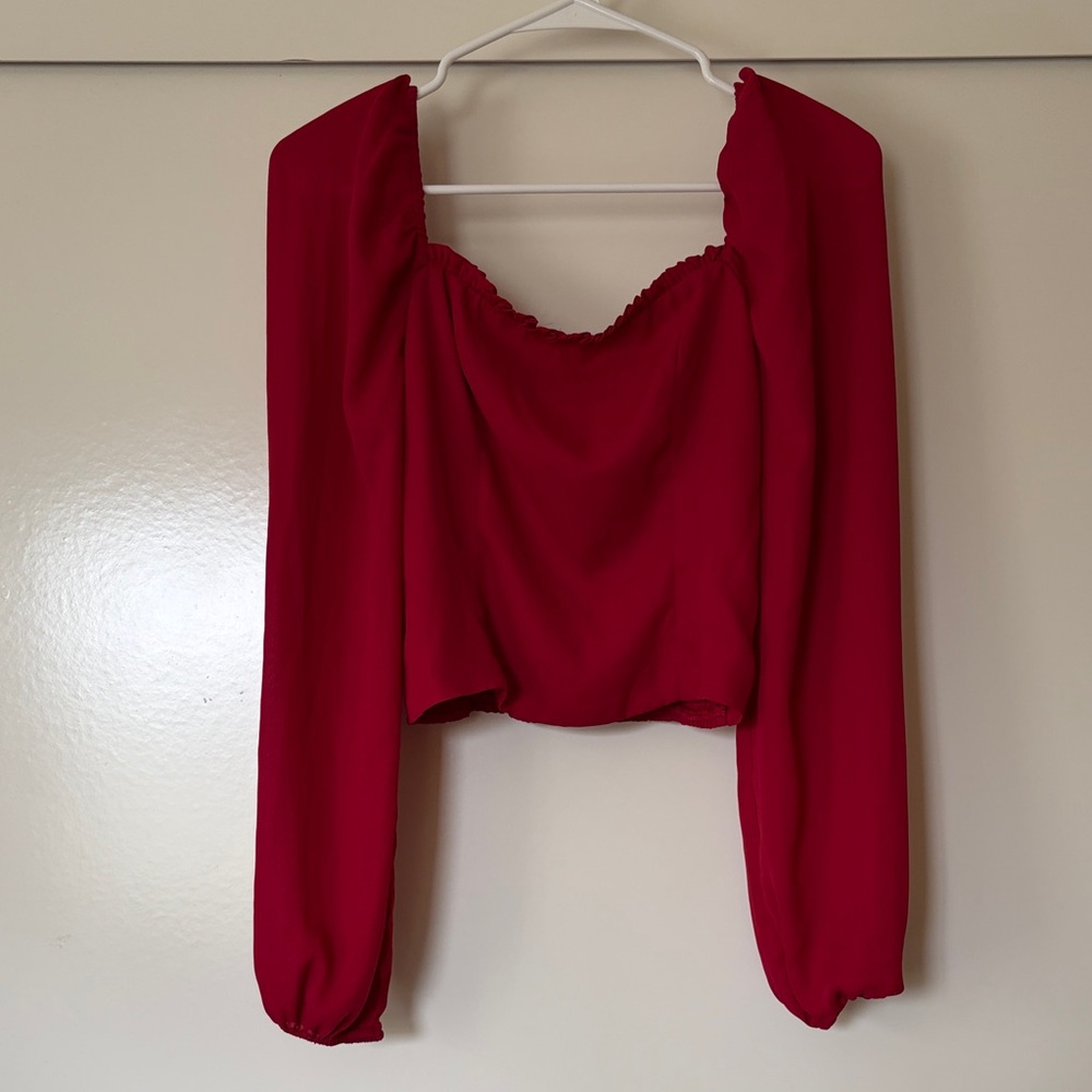 Red Square-Neck Long Sleeve Women's Top